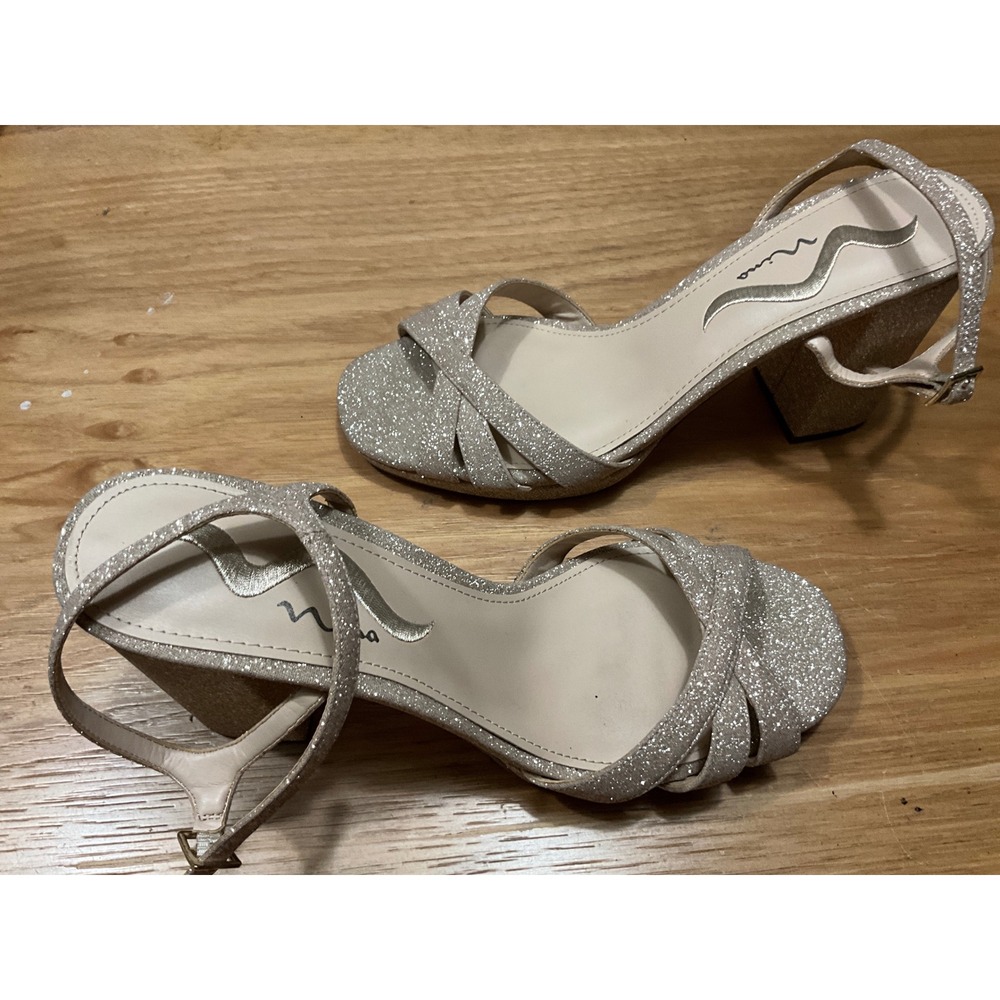 Nina Womens Champagne Glitter Block Heel Sandals Ankle Strap Shoes Size 9M